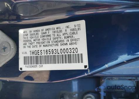 2003 Honda Civic Lx из США, поврежденный, VIN 1HGES16593L000320